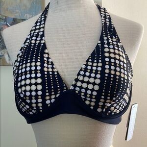 Navy Halter Bikini Top with White and Gold Dots